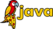 A cartoon parrot holding a pizza slice sits next to the word 