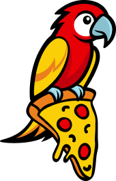Cartoon illustration of a parrot with red, yellow, and orange feathers perched on a slice of pepperoni pizza from Java House of Pizza.